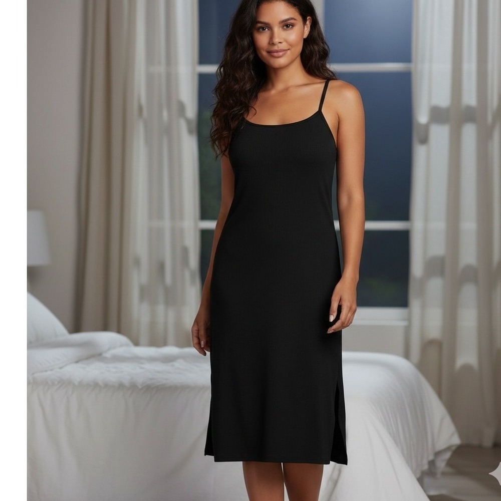 Women's Cloud Knit Chemise Sleeveless Night gown-Auden Black Size L,built in bra